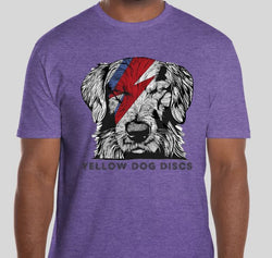 Yellow Dog Discs T-shirt (Rusty Bowie Design Heather Purple Shirt)