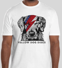 Yellow Dog Discs T-shirt (Rusty Bowie Design White Shirt)